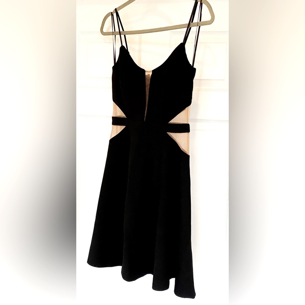 NWOT Mystic Elegant Black Spaghetti Strap Full Skirt Dress with Sheer Panels